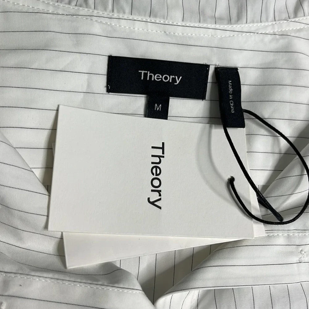 THEORY Doherty Black White Porter Stripe Button Front Off Shoulder Womens Medium - Picture 4 of 10